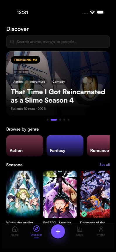 Hoshi discover screen with trending anime, genre browsing, and seasonal charts