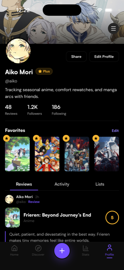 A Hoshi profile with favorites shelf, reviews, followers, and watch stats